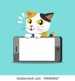 Vector cartoon character cute cat and big smartphone