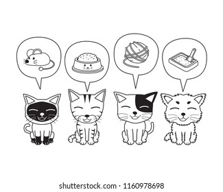 Vector cartoon character cute cats and speech bubbles with accessories for design.