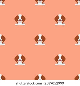 Vector cartoon character cute cavalier king charles spaniel dog seamless pattern background for design.