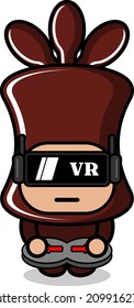 vector cartoon character cute chocolate candy mascot costume playing virtual reality game