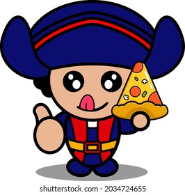 personaje de caricatura vectorial lindo columbus disfraz de mascota sujetando pizza. adecuado para su uso el día de colombus