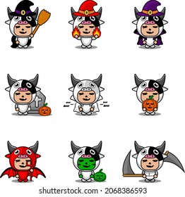 vector cartoon character cute cow animal mascot costume set bundle halloween