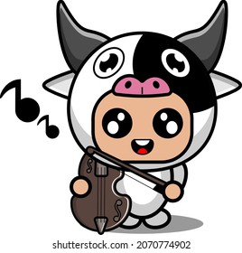 vector cartoon character cute cow animal mascot costume playing violin