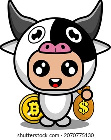 vector cartoon character cute cow animal mascot costume bitcoin bag