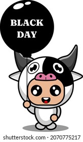 vector cartoon character cute cow animal mascot costume holding black day balloon
