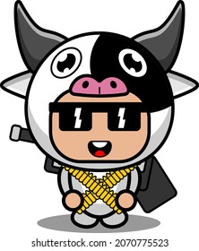vector cartoon character cute cow animal mascot costume gun and bullet