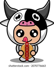 vector cartoon character cute cow animal mascot costume eating hotdog