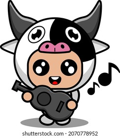 vector cartoon character cute cow animal mascot costume playing guitar