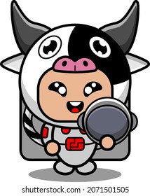 vector cartoon character cute cow animal mascot costume holding astronaut helmet