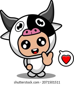 personaje de caricatura vectorial lindo vestido de mascota animal de vaca con burbuja de chat de amor