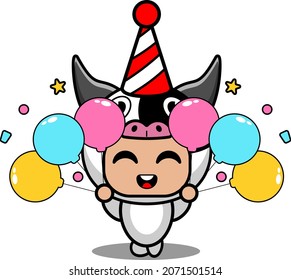 vector cartoon character cute cow animal mascot costume holding birthday balloons