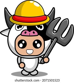personaje de caricatura vectorial lindo agricultor mascota animal sujetando un tenedor