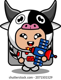 vector cartoon character cute cow animal mascot costume holding space satellite