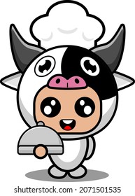 vector cartoon character cute cow animal mascot costume wearing hat chef waiter