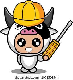vector cartoon character cute cow animal mascot costume holding screwdriver