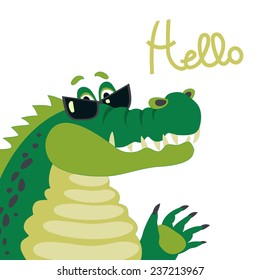 Vector cartoon character, cute crocodile says hello