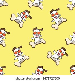 Vector cartoon character cute dog in fashion style sunglasses on big bone sign seamless pattern for design.