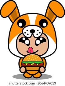 vector cartoon character cute dog animal mascot costume eating burger