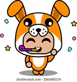 vector cartoon character cute dog animal mascot costume with birthday whistle