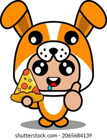 vector cartoon character cute dog animal mascot costume eating pizza