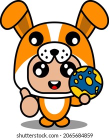 vector cartoon character cute dog animal mascot costume holding globe