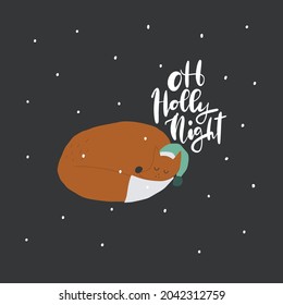 Vector cartoon character cute drawing of slipping fox in Santa hat, lettering style text oh holly night