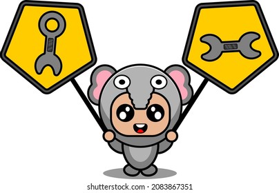 personaje de caricatura vectorial lindo elefante disfraz de mascota animal sujetando un signo de herramienta mecánica