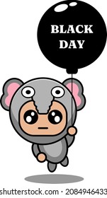 vector cartoon character cute elephant animal mascot costume holding balloon black day