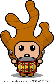 personaje de caricatura vectorial lindo jengibre spice mascot disfraz tocando tambores