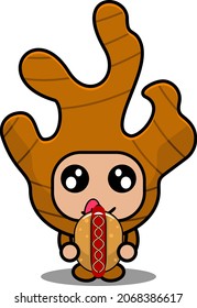 personaje de caricatura vectorial lindo jengibre spice mascot disfraz comiendo hot dog