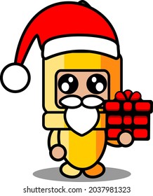 personaje de dibujos animados lindo arma bala doodle mascota disfraz vestido con sombrero santa y regalo de mano