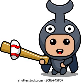 vector cartoon character cute horned beetle animal mascot costume playing baseball