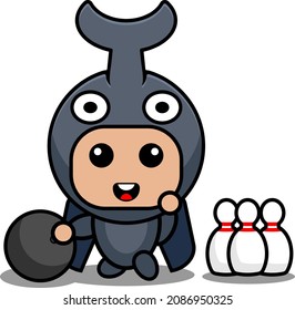 vector cartoon character cute horned beetle animal mascot costume playing bowling