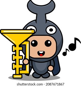 vector cartoon character cute horned beetle animal mascot costume musical instrument holding trumpet