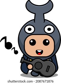 vector cartoon character cute horned beetle animal mascot costume musical instrument holding guitar