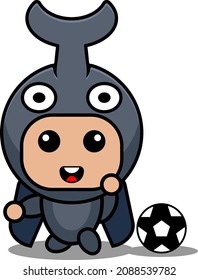 Vector Cartoon Character Cute Horned Beetle Animal Mascot Costume Playing Football