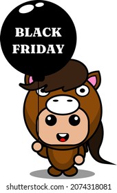 vector cartoon character cute horse animal mascot costume holding black friday balloon