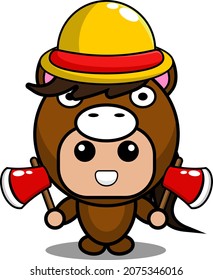 vector cartoon character cute horse animal mascot costume farmer holding two axes