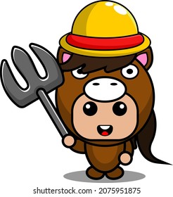 vector cartoon character cute horse animal mascot costume wearing farmer's hat and holding farmer's fork