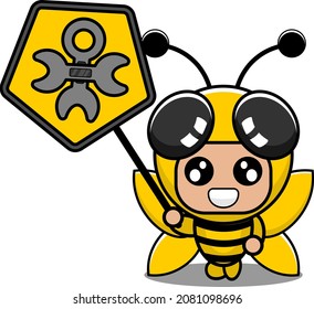 vector cartoon character cute insect bee animal mascot costume holding mechanical tool sign