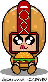 vector cartoon character cute junk food hot dog mascot costume sitting eating burger