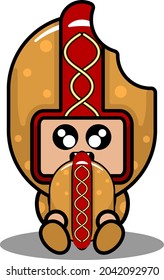 vector cartoon character cute junk food hot dog mascot costume sitting eating hot dog