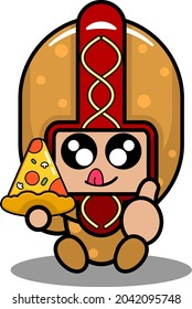 vector cartoon character cute junk food hot dog mascot costume sitting eating pizza