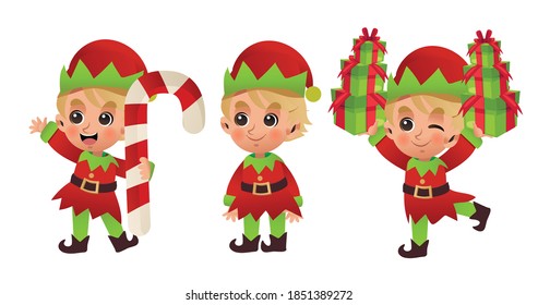 Personaje vectorial de dibujos animados de un niño pequeño Cute vestido con "elfo" de navidad. Feliz Navidad. 