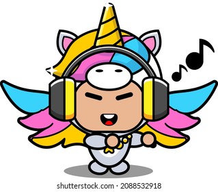 vector cartoon character cute lovely unicorn animal mascot costume listening to music