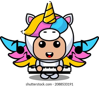 vector cartoon character cute lovely unicorn animal mascot costume piano musical instrument