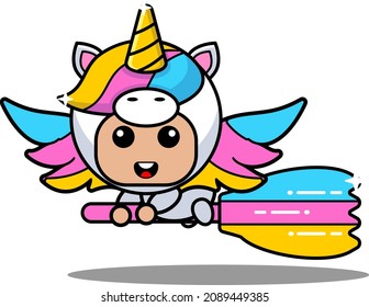 vector cartoon character cute lovely unicorn animal mascot costume riding a broomstick