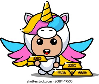 vector cartoon character cute lovely unicorn animal mascot costume with gold bullion