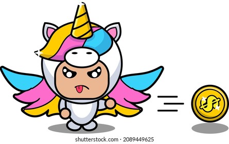 vector cartoon character cute lovely unicorn animal mascot costume tossing a coin