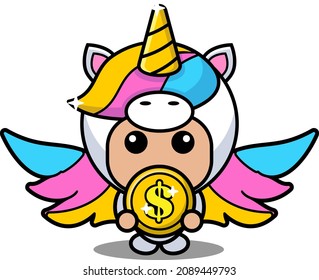 vector cartoon character cute lovely unicorn animal mascot costume holding coin